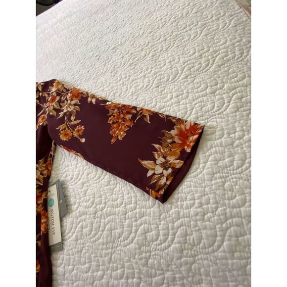 Daniel Rainn Split Neck Blouse Burgundy/Orange Floral Roll Tab Sleeve​ Size PXS - Picture 8 of 14